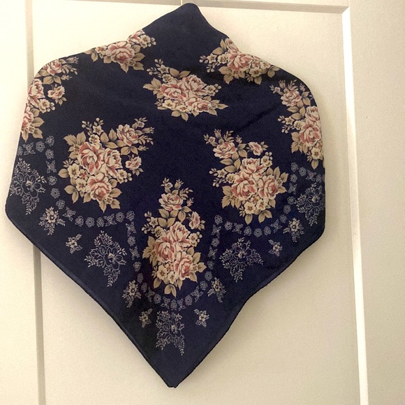 Navy, rose scarf with neutral cream.  34” square - Picture 3 of 8